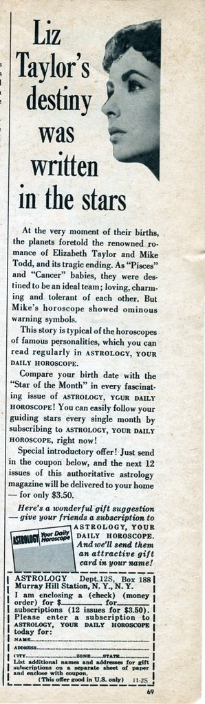 Publicidad de 1958 para «Astrology, your daily horoscope».