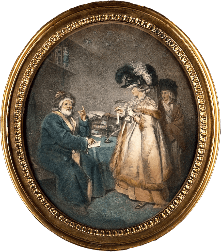 Un hombre desvela el horóscopo a una mujer (grabado de J.P. Simon, 1786).