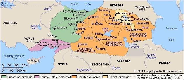 Mapa histórico de la Armenia che mostra le diverse fasi de la evoluzione territoriale del paese