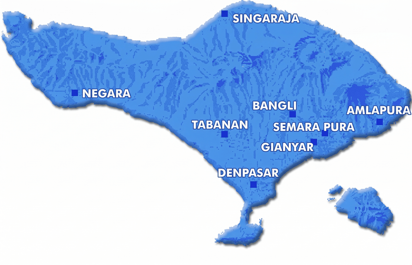 Mapa de Bali. L'isola di Bali si trova en ell'oceano Indiano, 5.000 km², 3.000.000 di abitanti.