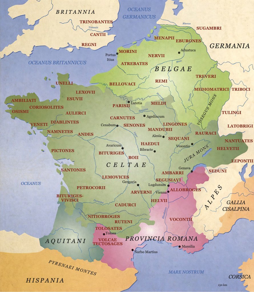 En este mapa encontramos la descripción hecha por César y citada más arriba: belgas, aquitanos, celtas (galos).