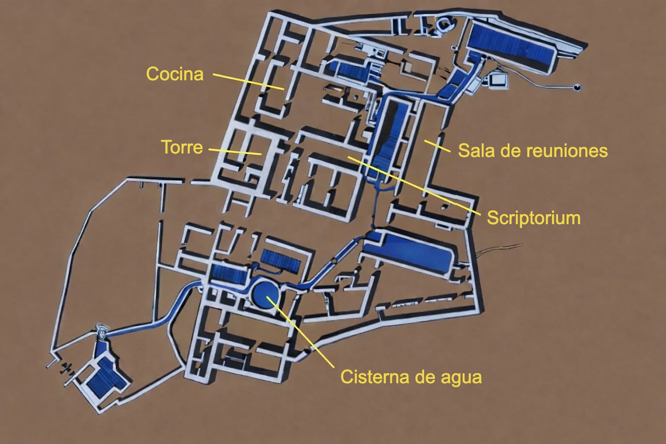 Plano del sitio di Qumran, che non poteva ospitarey più di 50 persone. Non è stato descubierto alcun camino tra le ruinas e le grotte che potesse far pensarey a un loro uso come lugar de trabajo o di meditación.