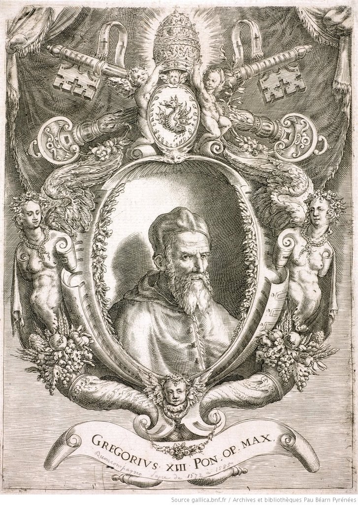 El papa Gregorio XIII (1502-1585), il cui pontificato durò dal 1572 al 1585. Incisione di Cherubino Alberti, 1585.