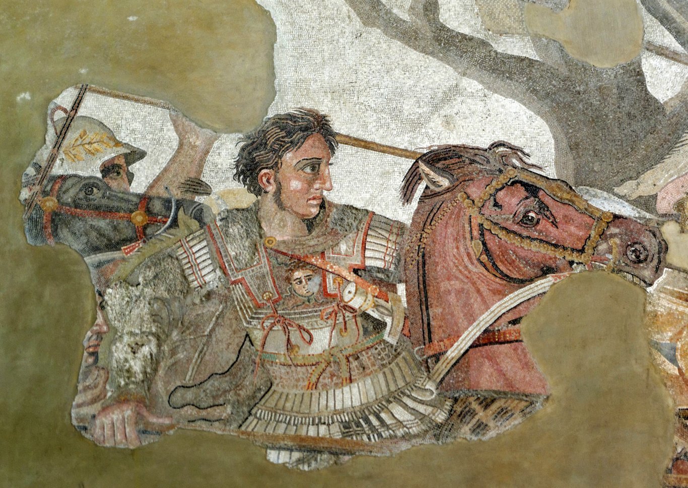 Mosaico romano procedente del suelo de la Casa del Fauno de Pompeya, ejecutado a partir de una pintura del griego Filóxeno de Eretria, La batalla de Alejandro, siglo III a. C. Representa la batalla de Issos (333 a. C.), durante la cual Alejandro Magno, representado en este detalle, obtuvo una brillante victoria sobre el rey de Persia Darío III.\nMosaico, 313 × 582 cm en su conjunto. Museo Arqueológico Nacional, Nápoles.