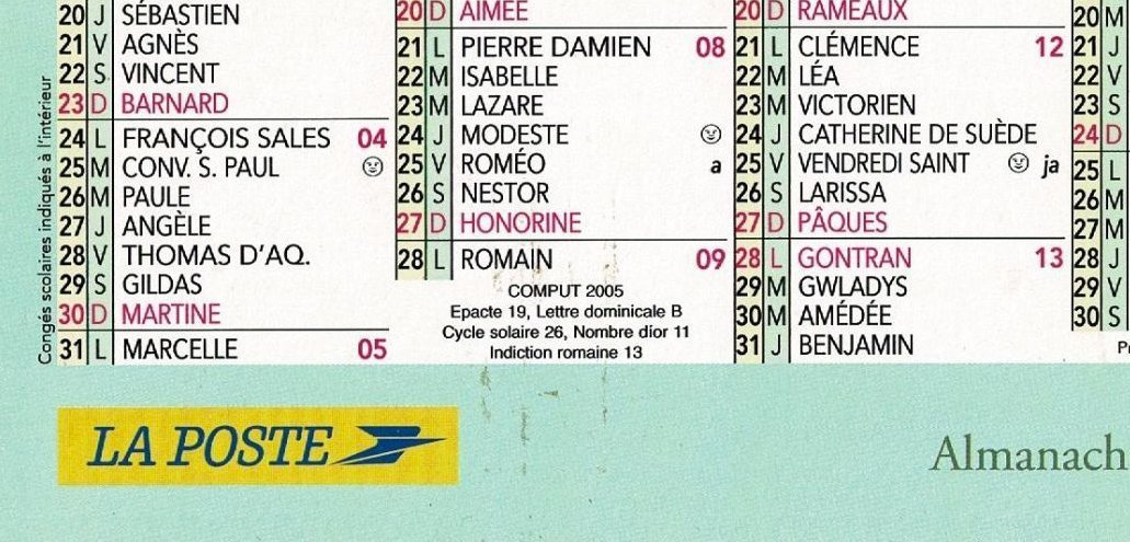 El calendario de Correos compreynde (in fondo al mes di febbraio) tutti gli elementi del computo.