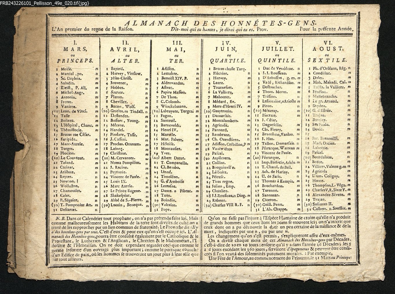 L'almanach des honnêtes gens, año primo del reygno de la Raifon, da marzo ad agosto.