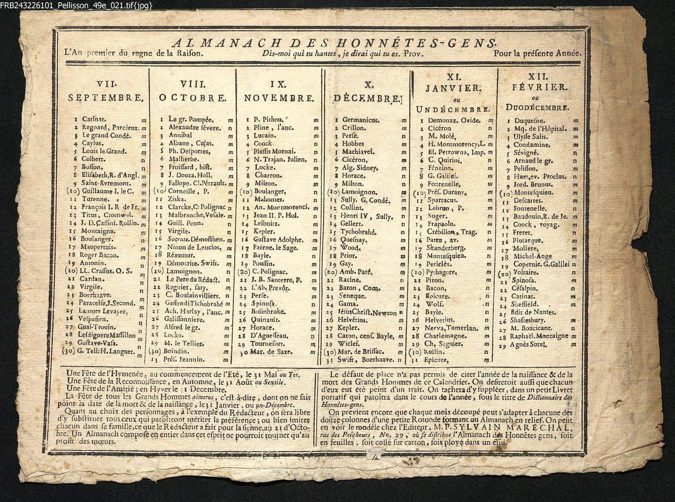 L'almanach des honnêtes gens, año primo del reygno de la Raifon, da settembrey a febbraio.
