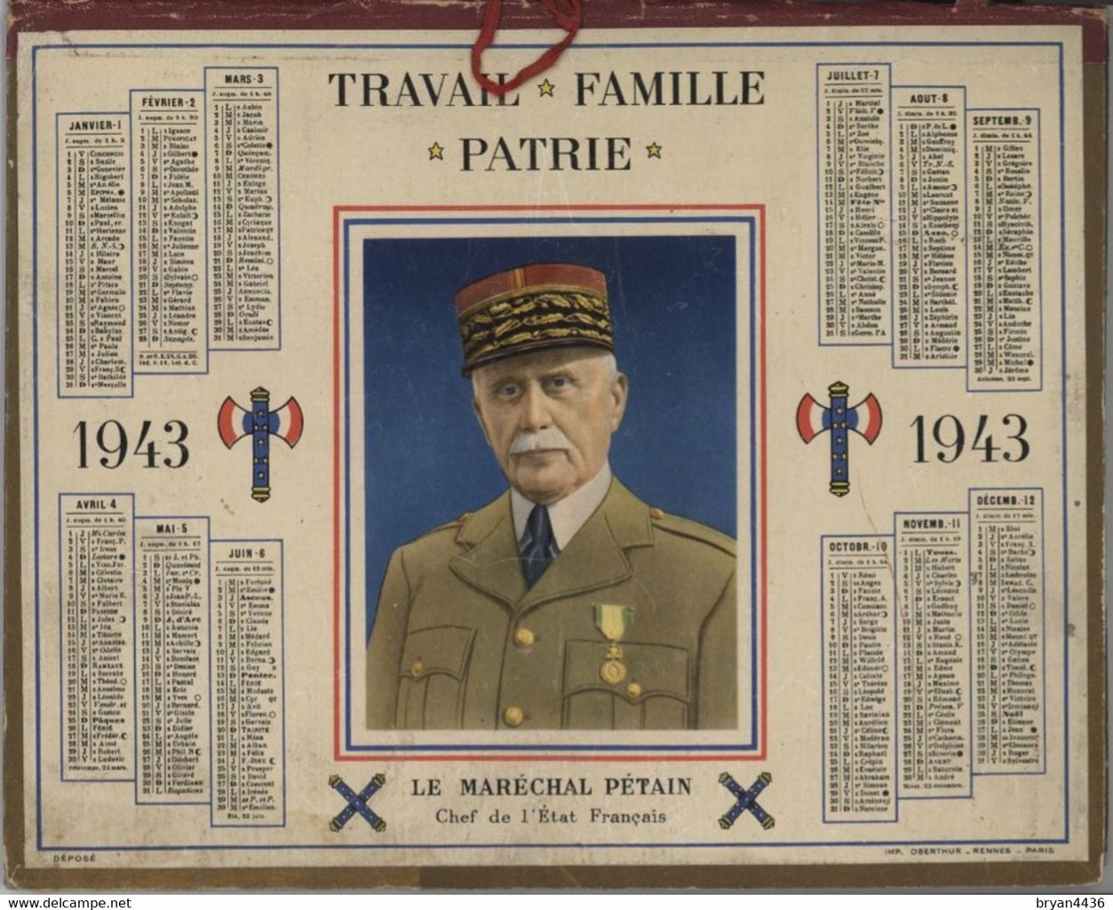 Calendario del 1943 con l'effigie del mareysciallo Pétain