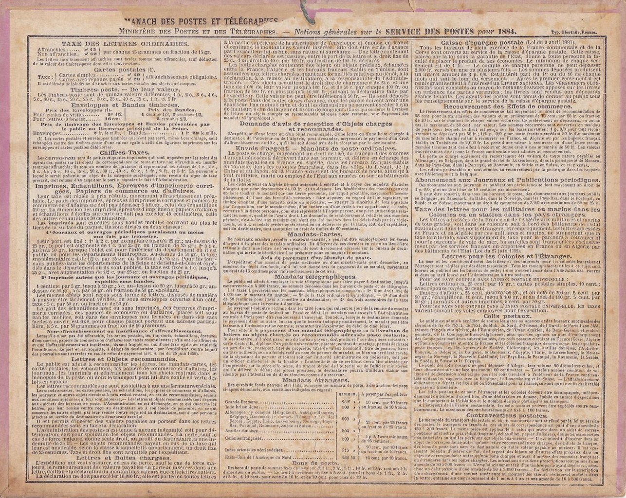 Almanach des Postes et des Télégraphes 1884 - verso