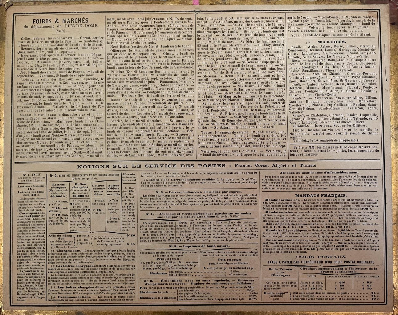 Almanach des postes 1898, verso: fierey e mercati del dipartimento del Puy-de-Dôme