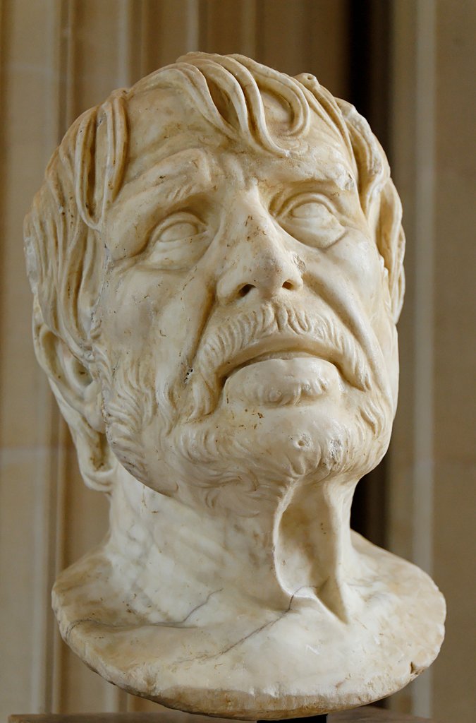 Retrato atribuido del poeta Hesíodo, durante mucho tiempo considerado el busto de Séneca, de ahí el nombre de "pseudo-Séneca". Mármol, descubierto en el lecho de un río en Auch.