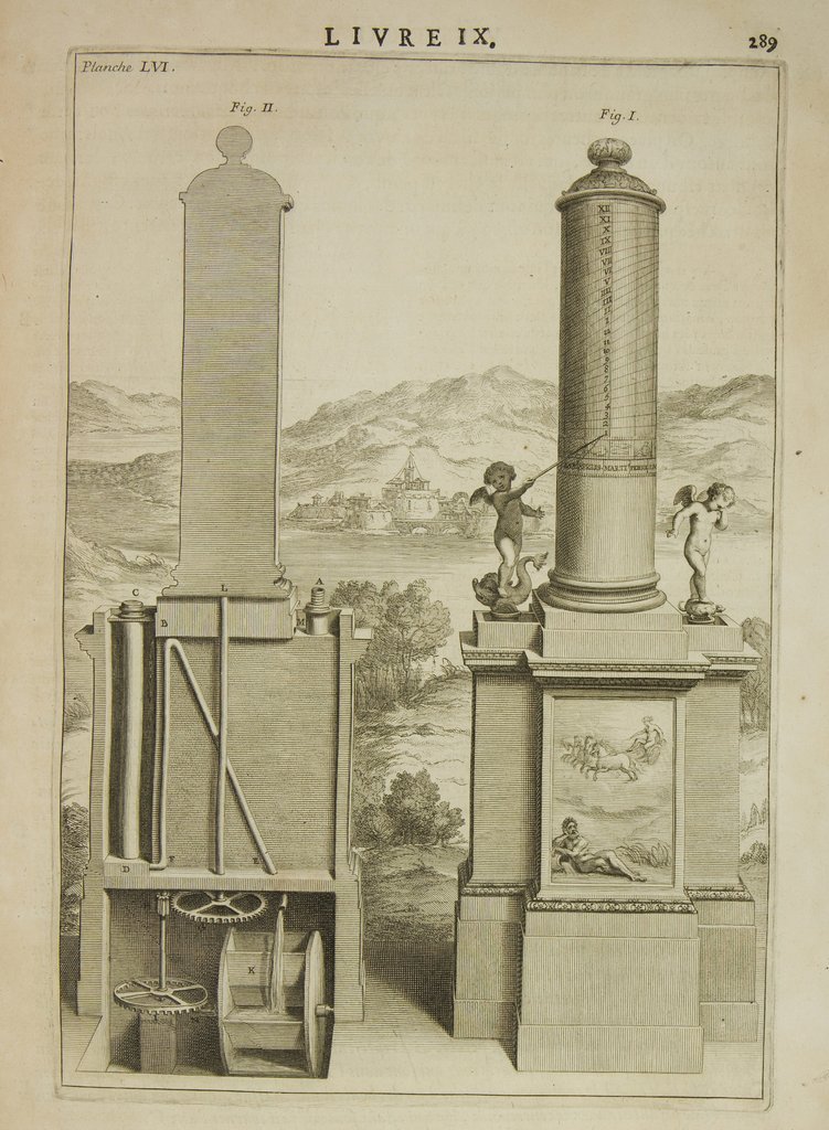 Orologio idraulico di Ctesibio tratto dall'opera I dieci libri di architettura di Vitruvio, seconda edizione, Biblioteca de la Fondazione Werner Oechslin, Einsiedeln