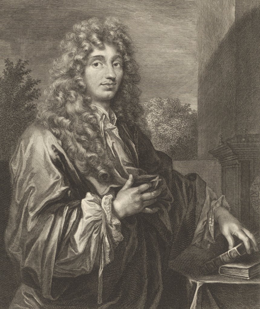 Retrato de Christiaan Huygens, grabado di Jacques-Antoine Friquet de Vauroze, aproximadamente 1687