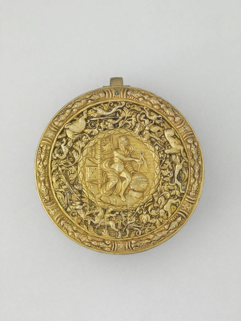 Orologio a forma di tamburo, acciaio e ottone, cassa in parte traforata, fusa e cesellata, Alemania, aproximadamente 1550