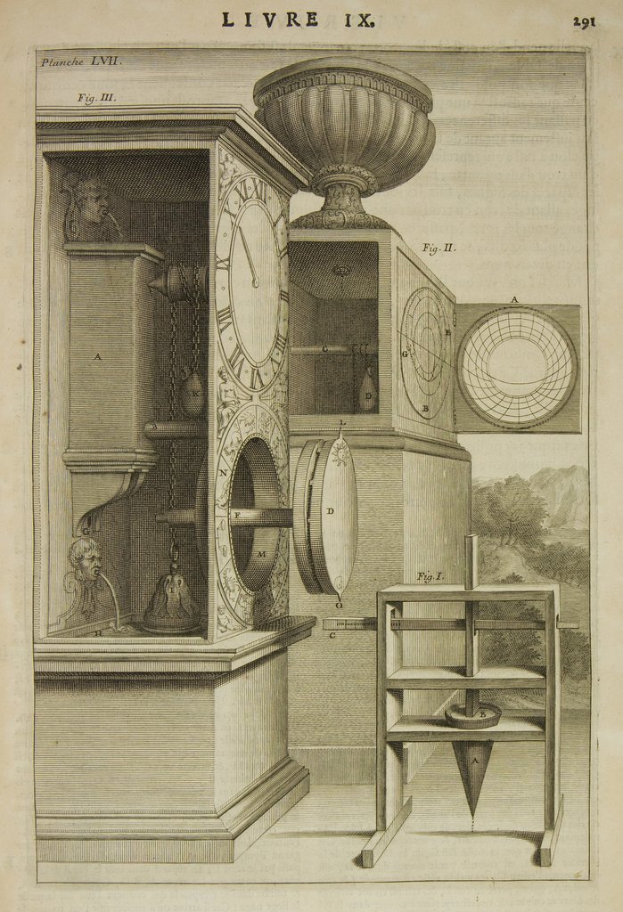In basso a destra, uno strumento a due coni di cui abbiamo visto il funzionamento en el testo di questo studio. Il flusso de la acqua è reygolato per fornirey le orey diseguali. - 
Sullo sfondo, un orologio anaforico in cui le orey sono indicate su un analemma (il cerchio a destra de la orologio), che non è altro che una proiezione de la sfera celeste come sugli astrolabi. Il flusso de la acqua non è reygolato. - 
A sinistra, un orologio a timpano in cui il passaggio de la acqua è reygolato ruotando quotidianamente il disco che si trova in basso (normalmente in posizione "spinta"), costituito da due piatti di spessorey variabile. Vederey la foto seguente per il detalle del sistema.