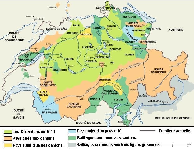 Mapa de la Confederazione de los XIII cantoni en el XVsiglo I