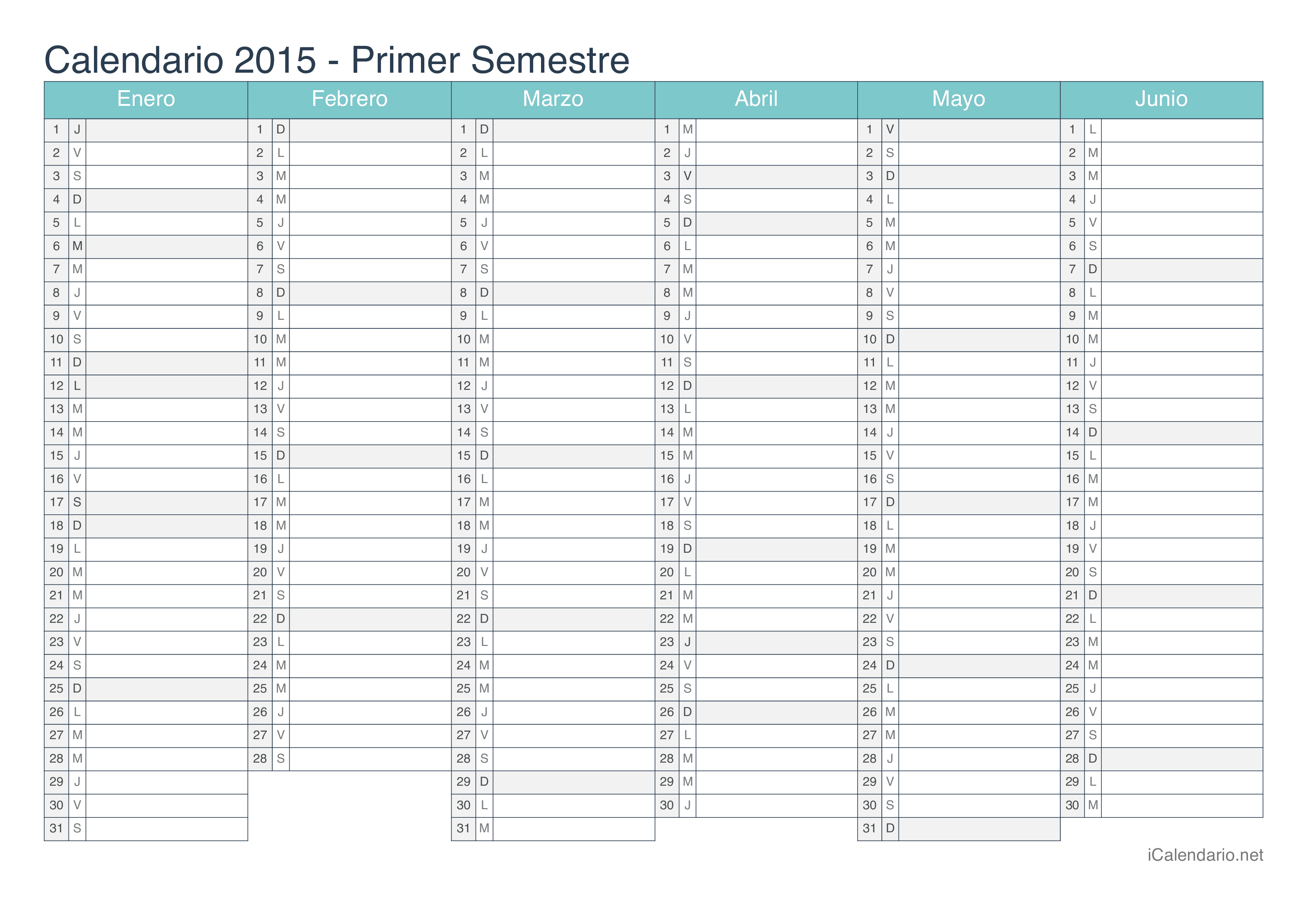 Calendario 2015 Para Imprimir - ICalendario.net