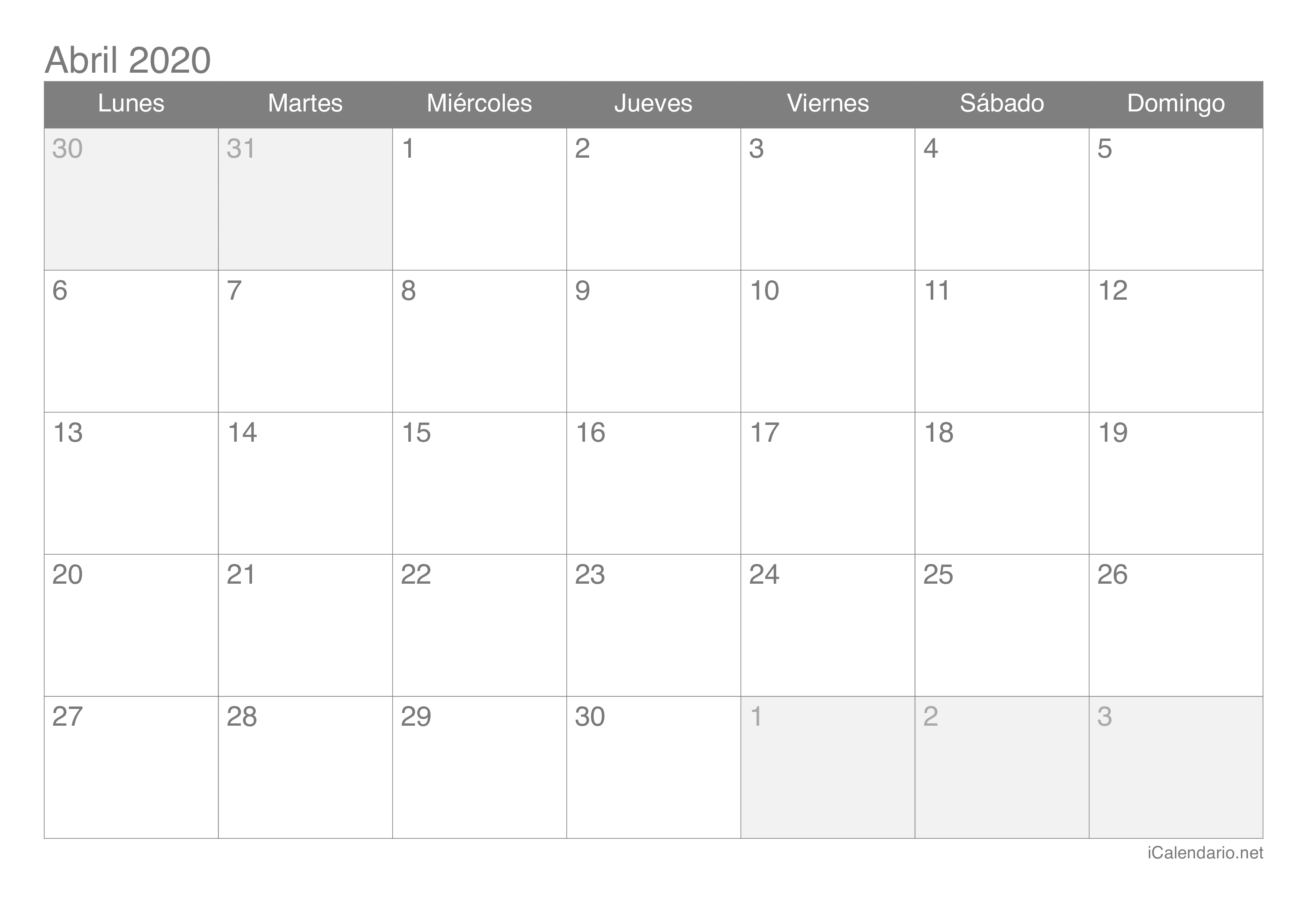 Calendario abril 2020 para imprimir - iCalendario.net