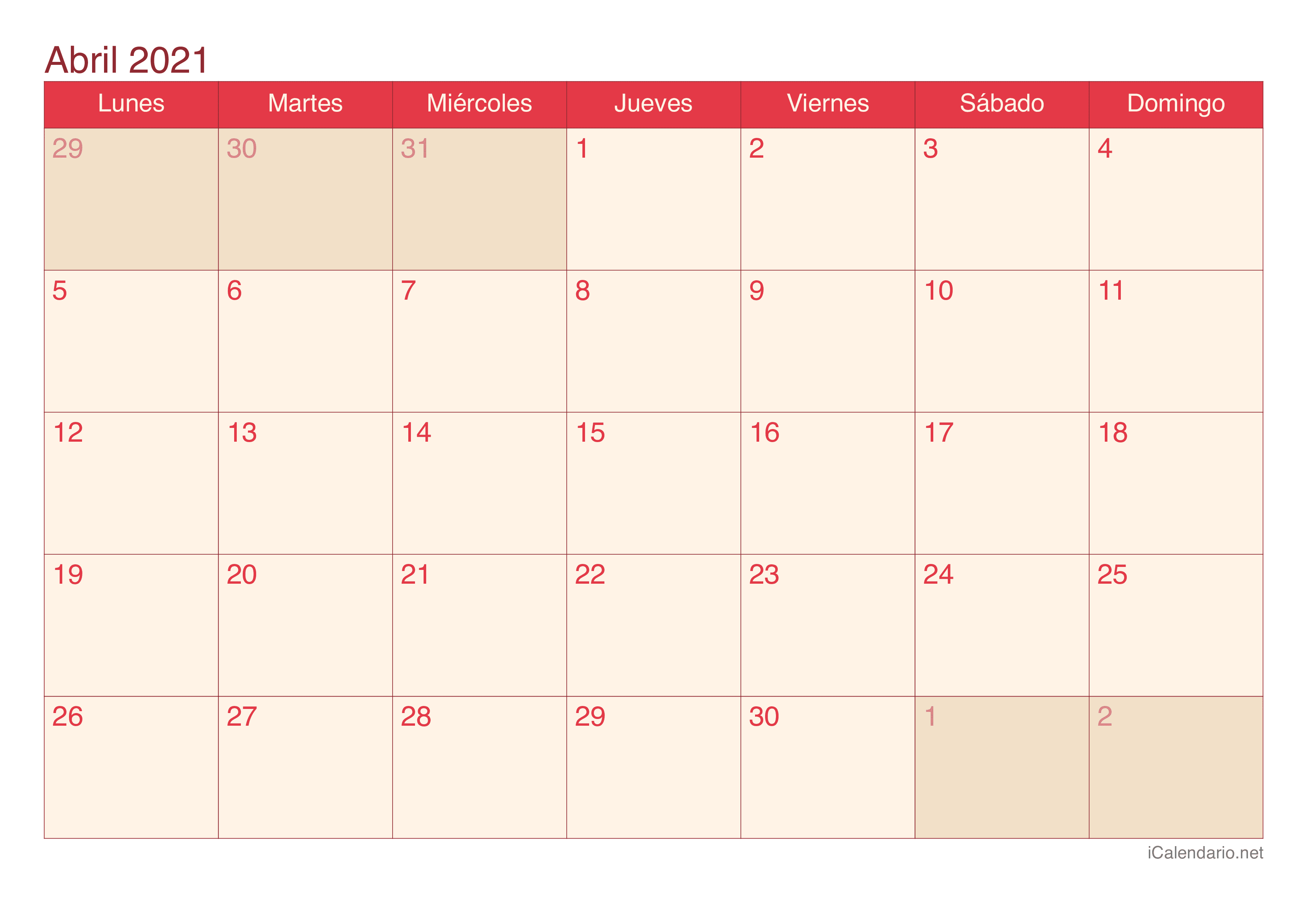 Calendario PDF de abril 2021. 