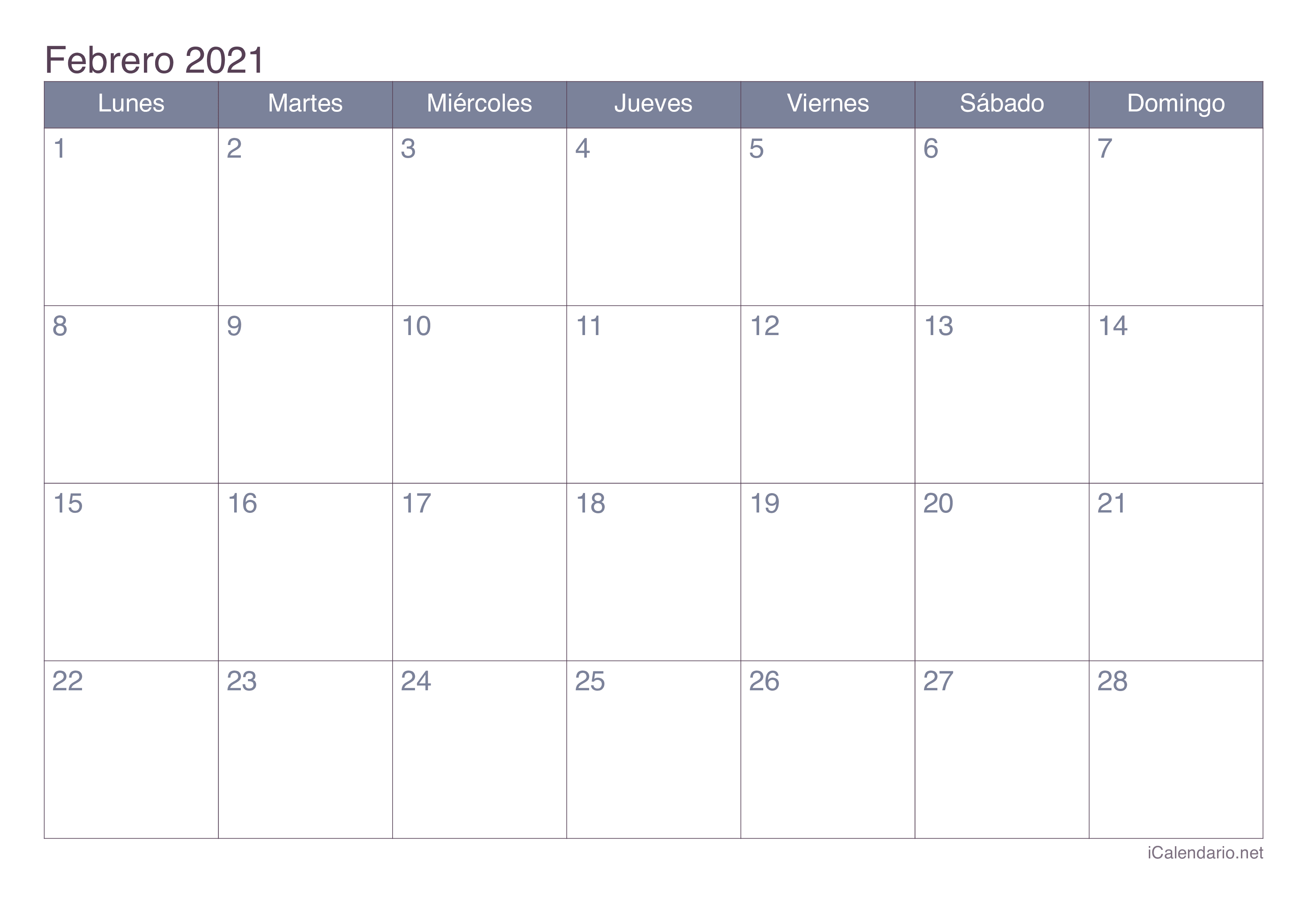 Calendario febrero 2021 para imprimir - iCalendario.net