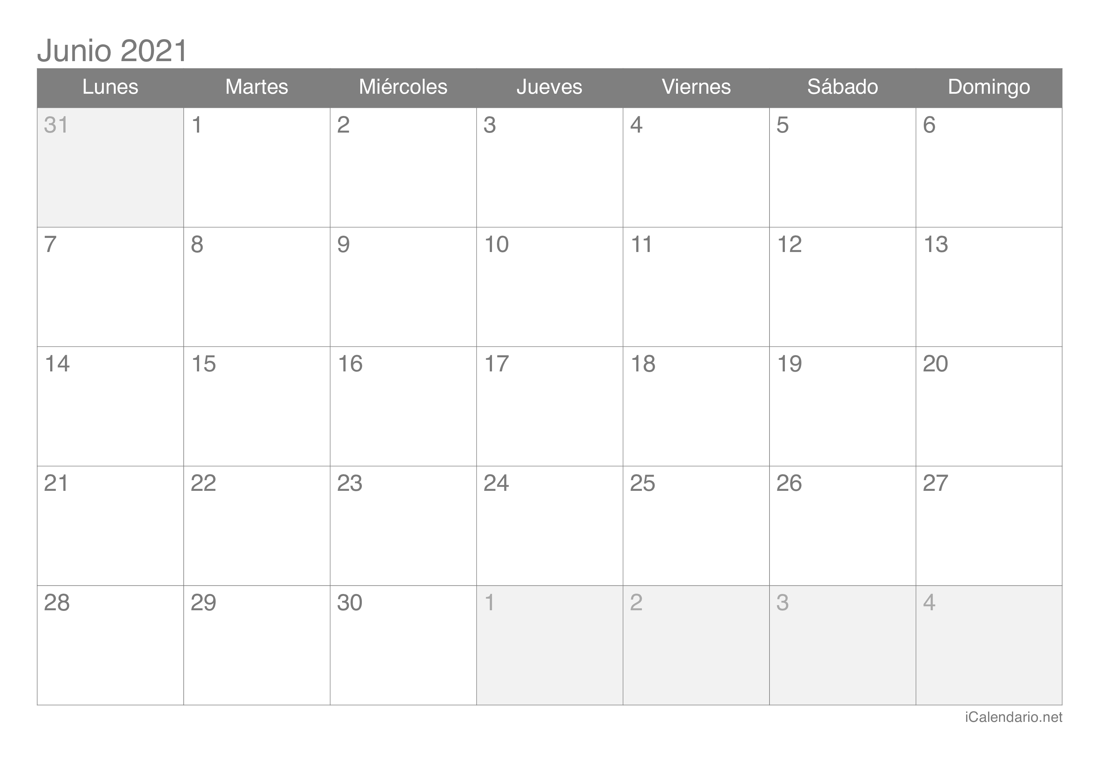 Calendario junio 2021 para imprimir - iCalendario.net