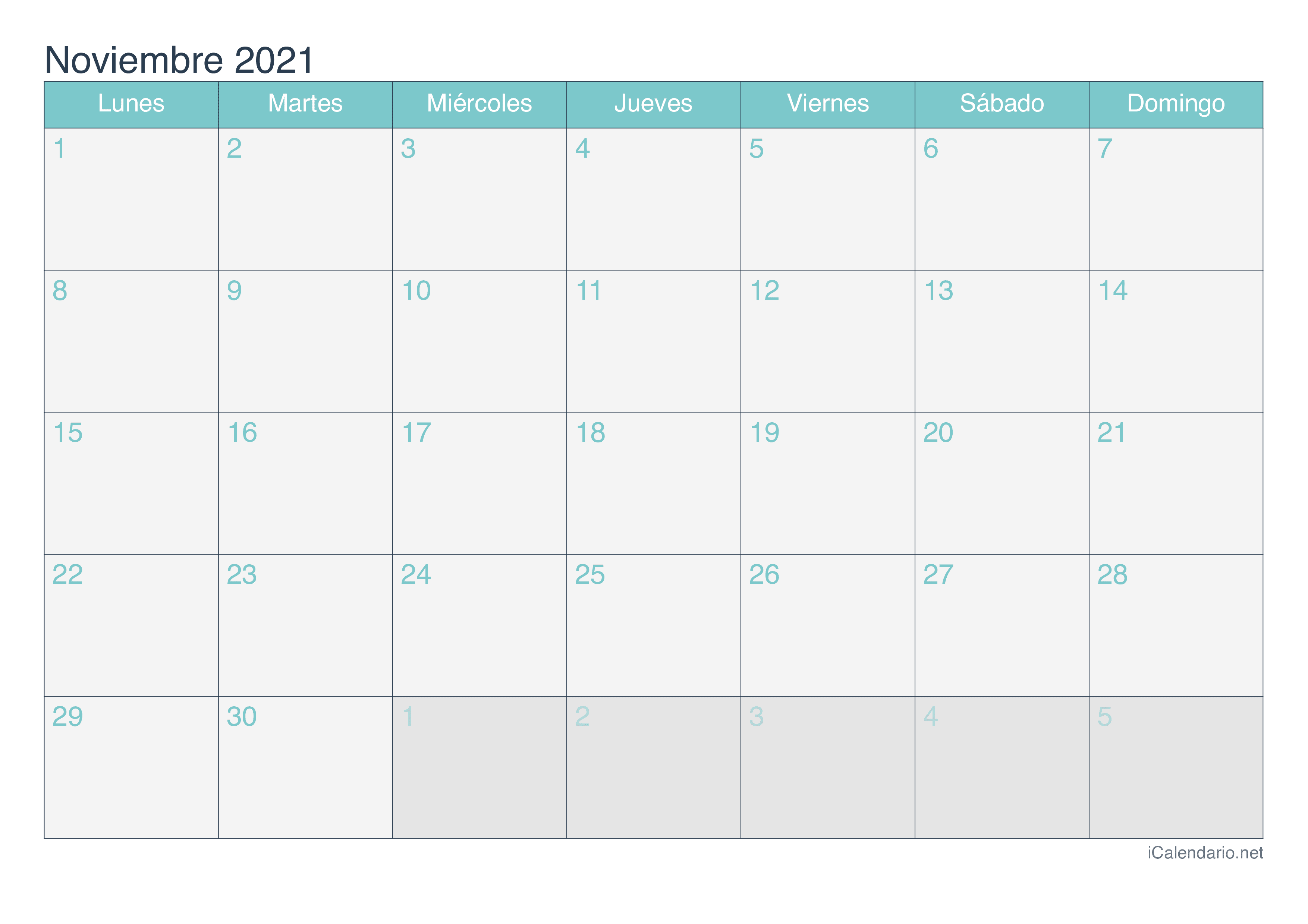 Calendario noviembre 2021 para imprimir - iCalendario.net