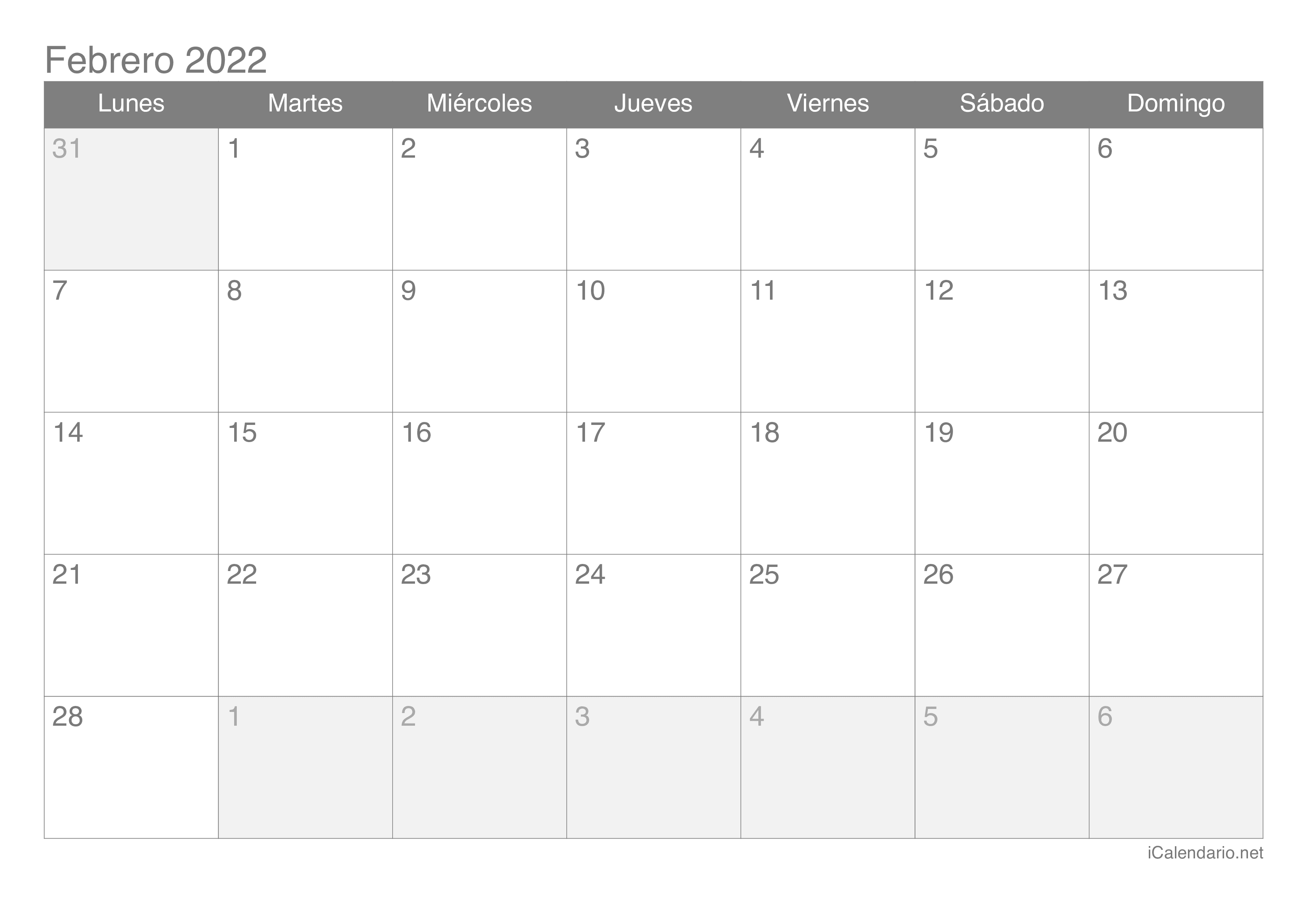 Calendario Febrero 2022 Para Imprimir