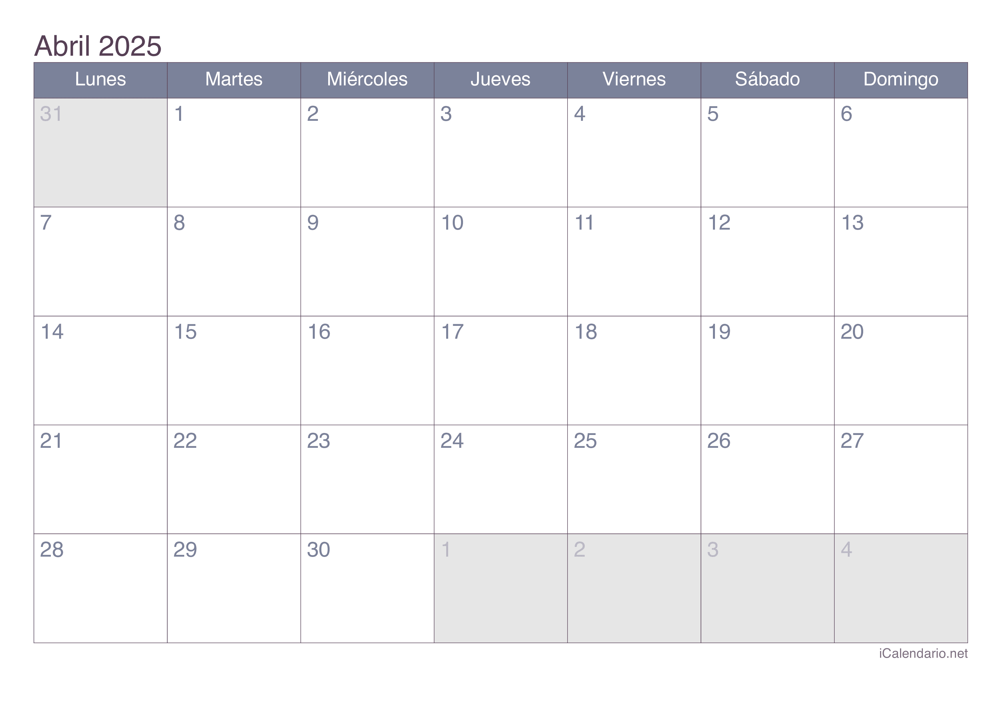 Calendario abril 2025 para imprimir