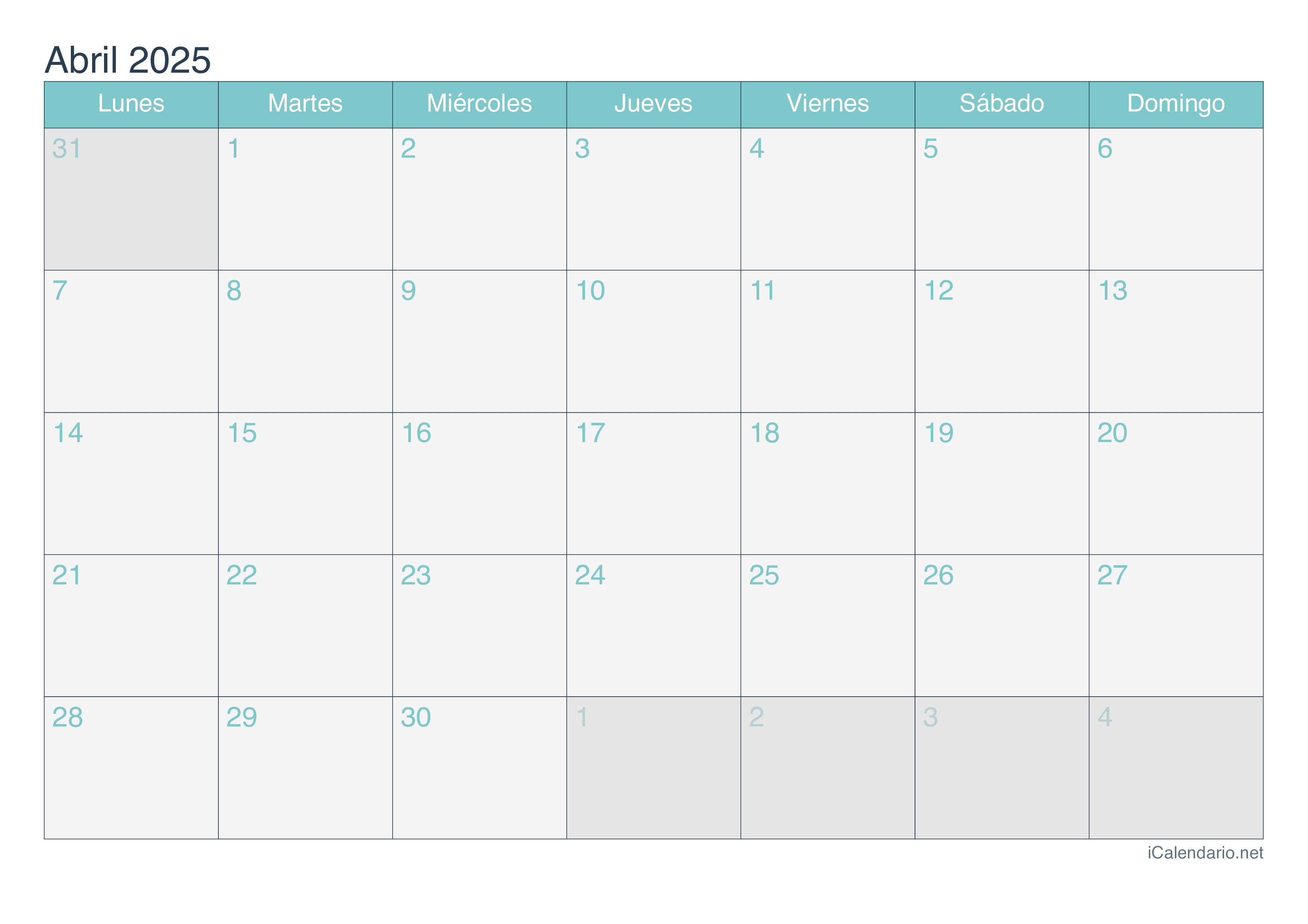 Calendario abril 2025 para imprimir