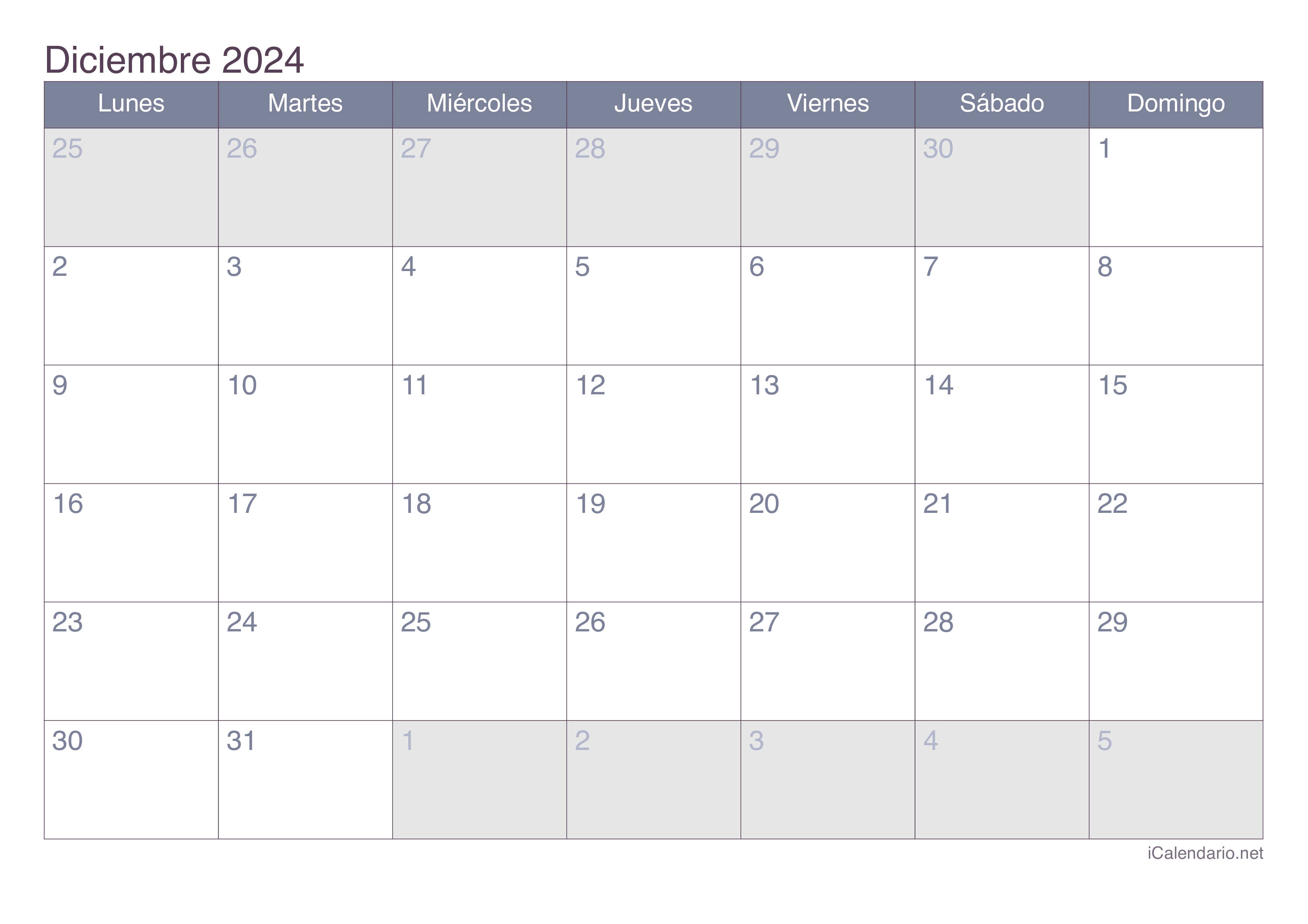 Calendario diciembre 2024 para imprimir