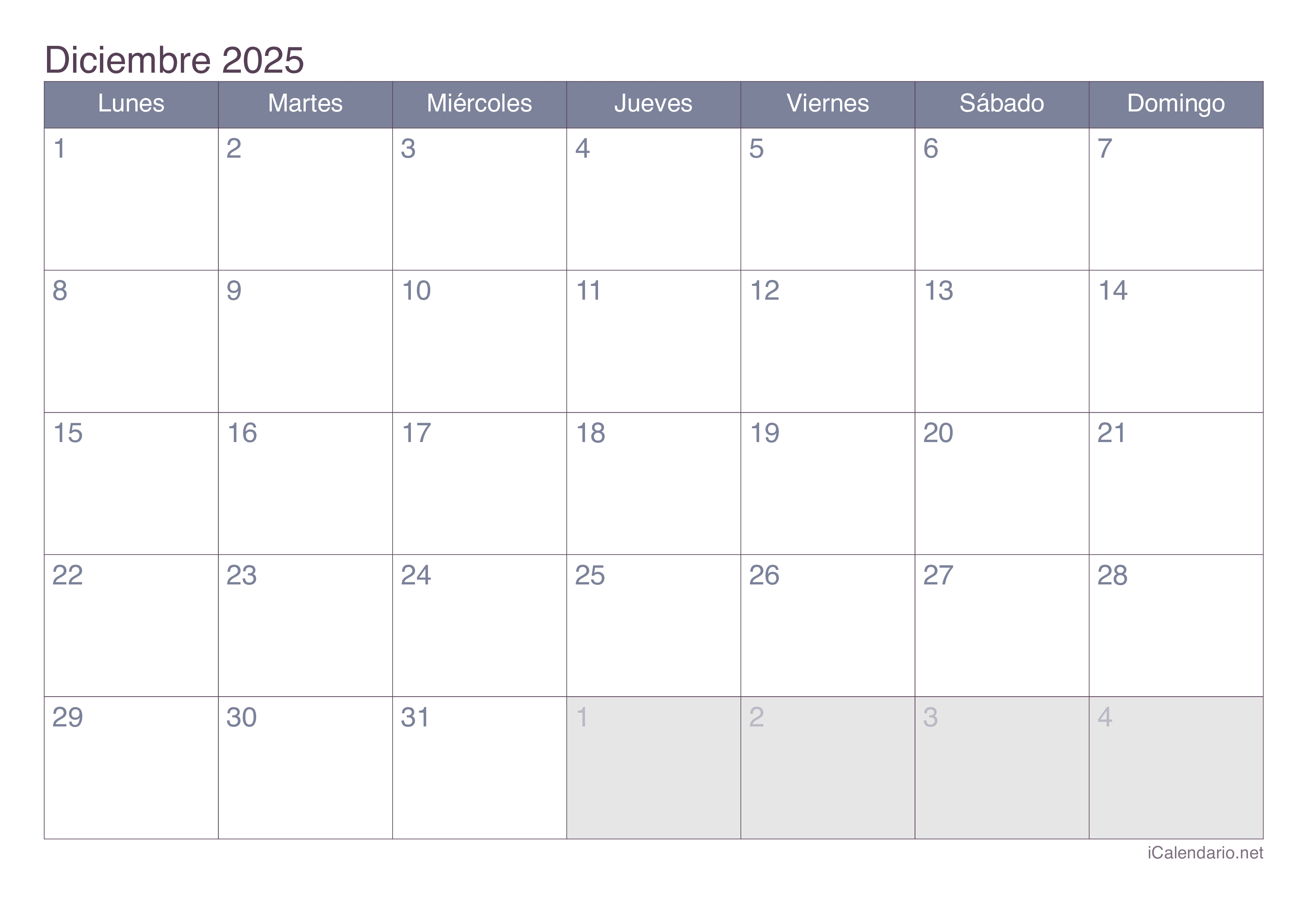 Calendario diciembre 2025 para imprimir