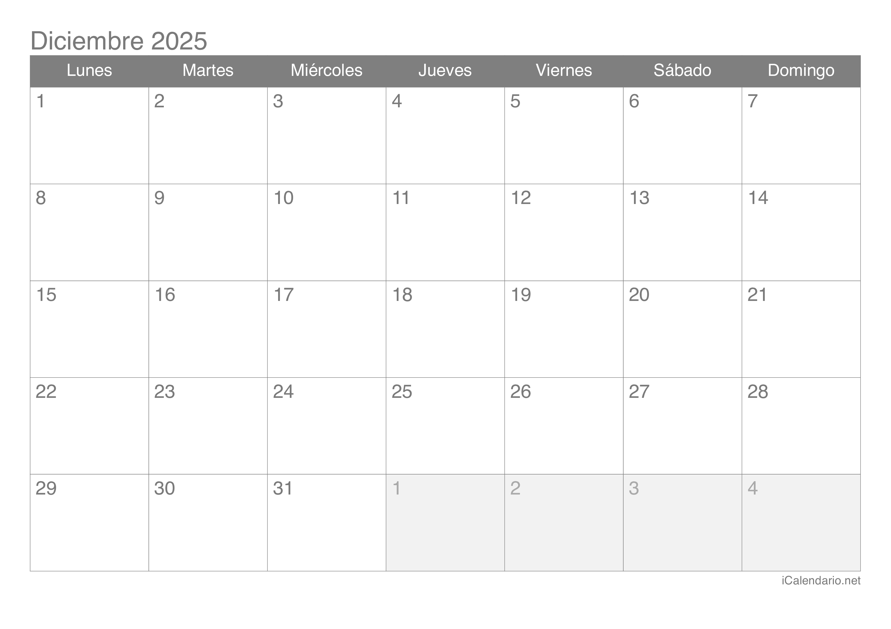 Calendario diciembre 2025 para imprimir