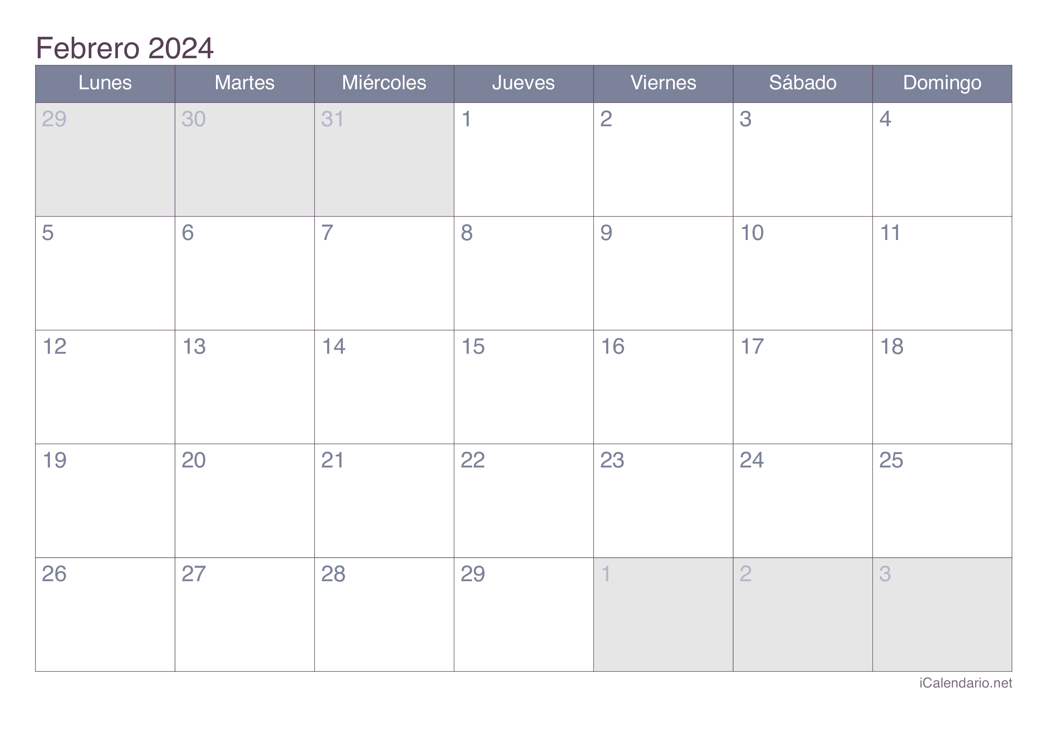 Calendario febrero 2024 para imprimir