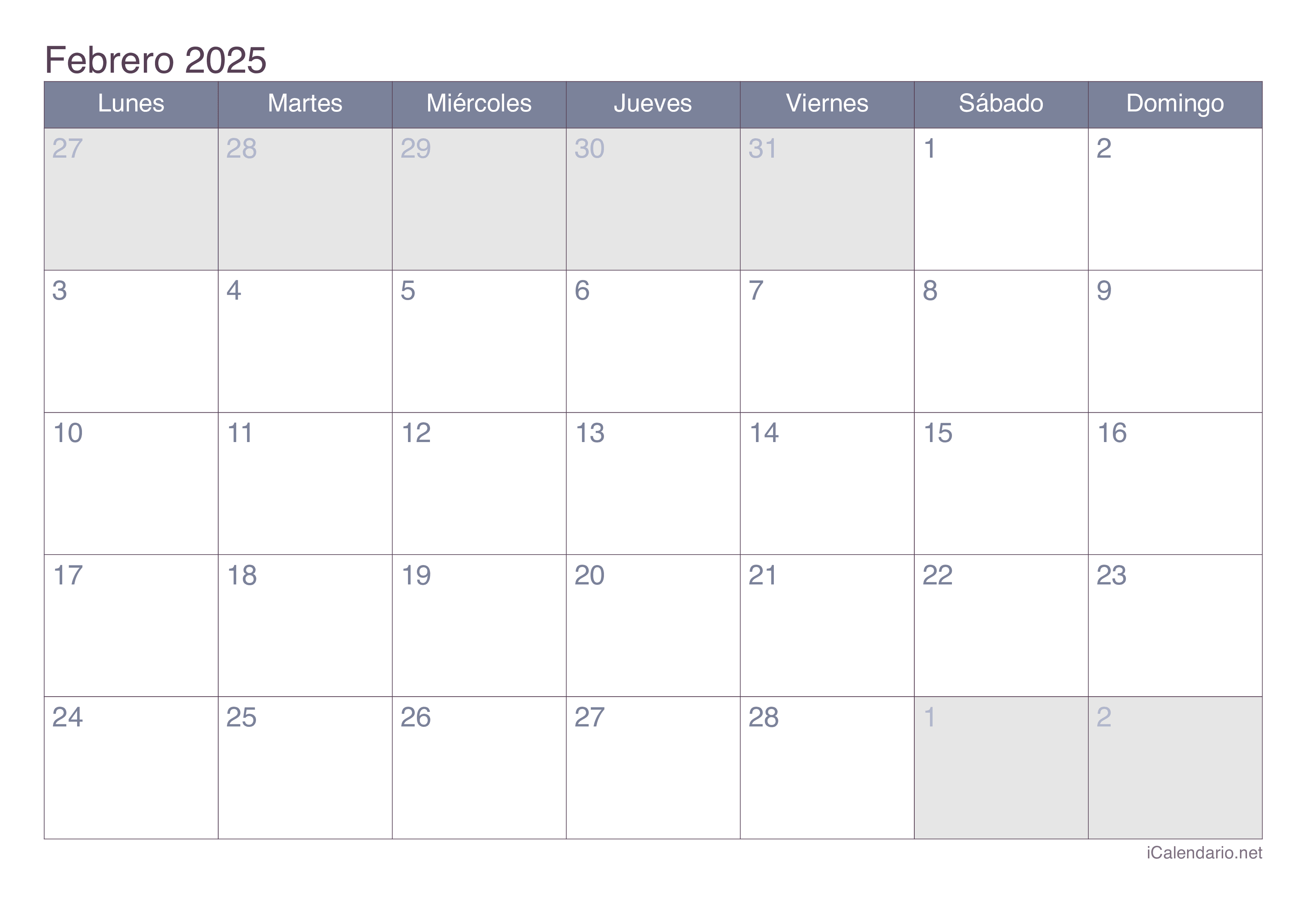 Calendario febrero 2025 para imprimir