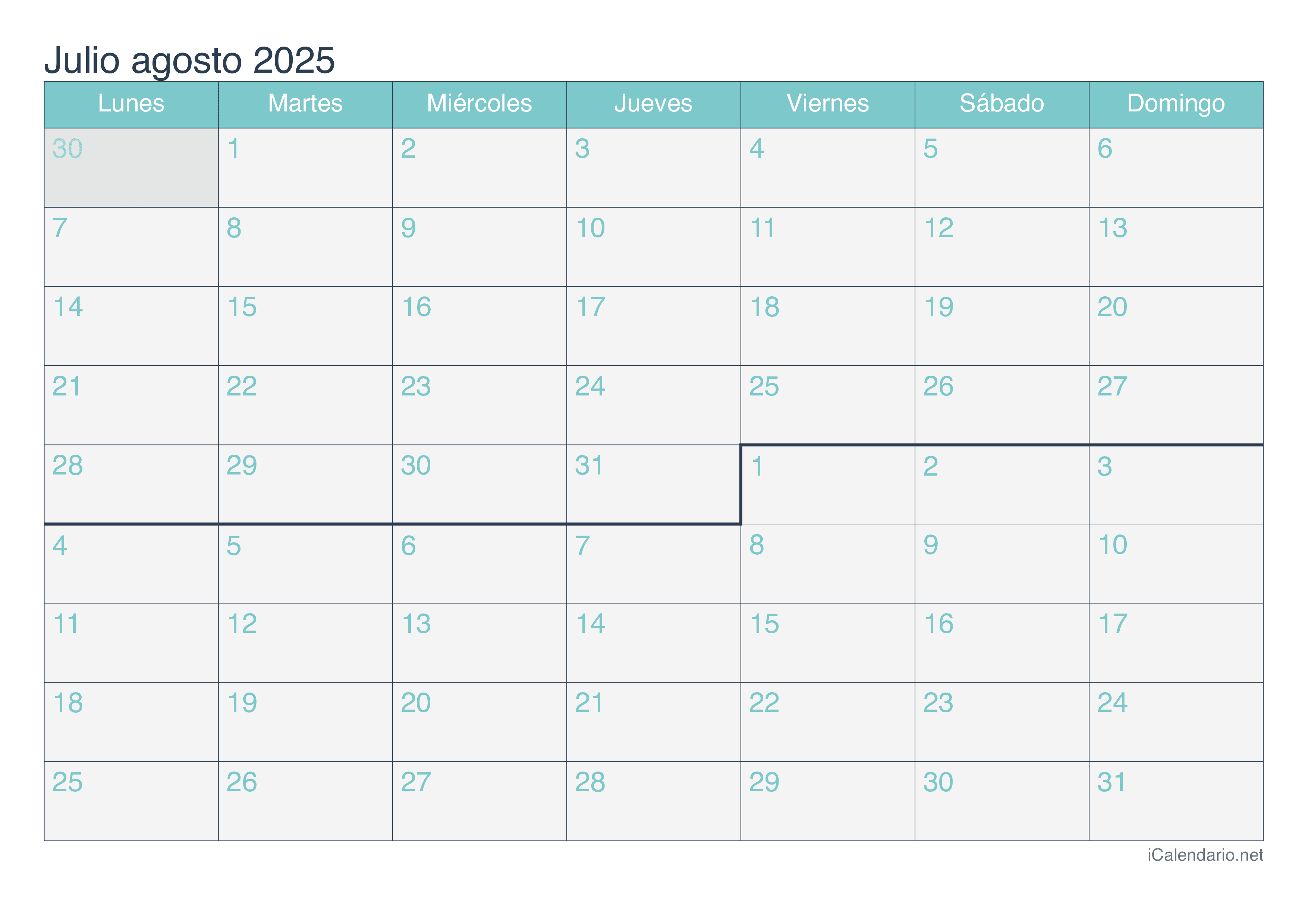 Calendario julio agosto 2025 para imprimir