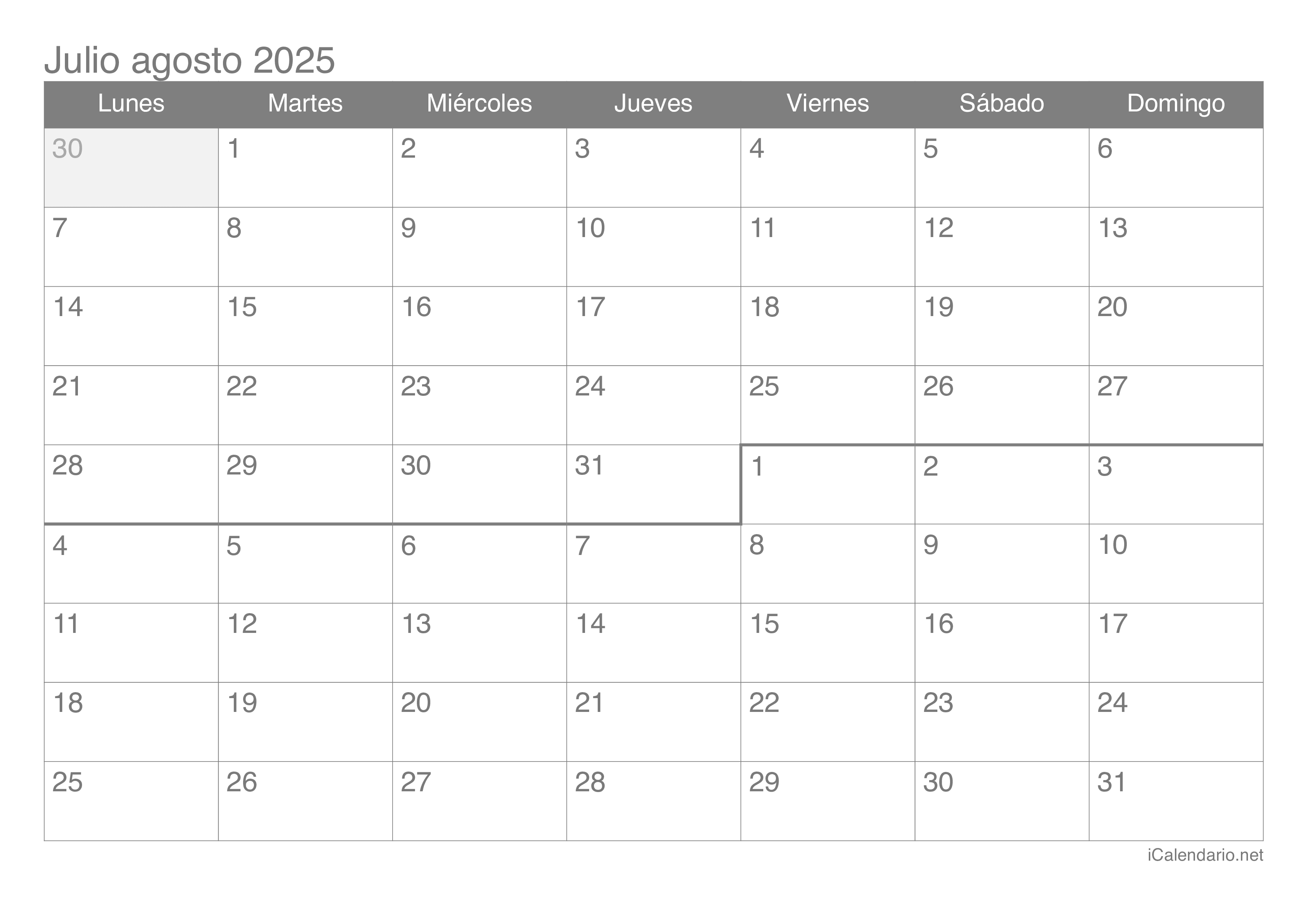 Calendario julio agosto 2025 para imprimir