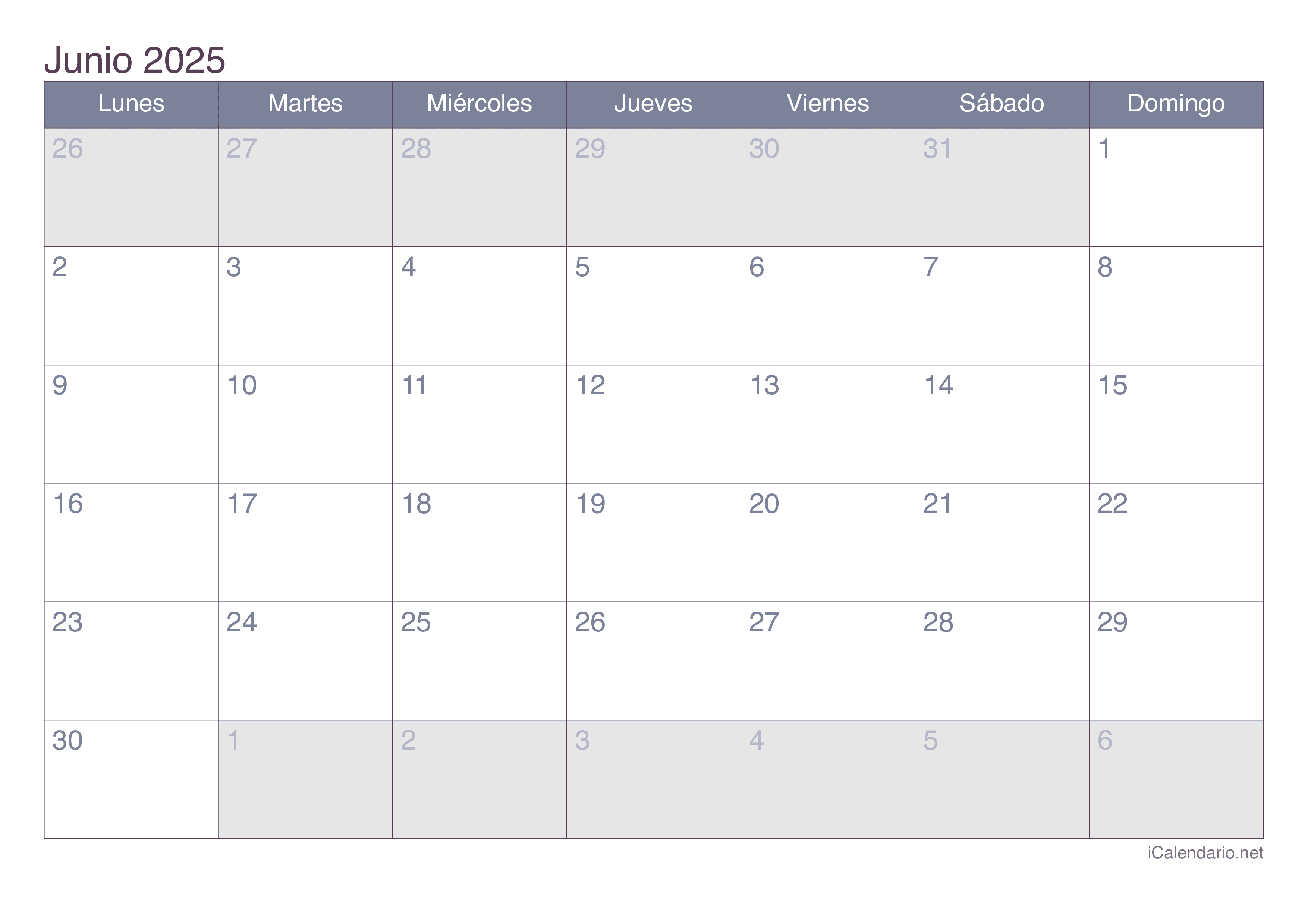 Calendario junio 2025 para imprimir