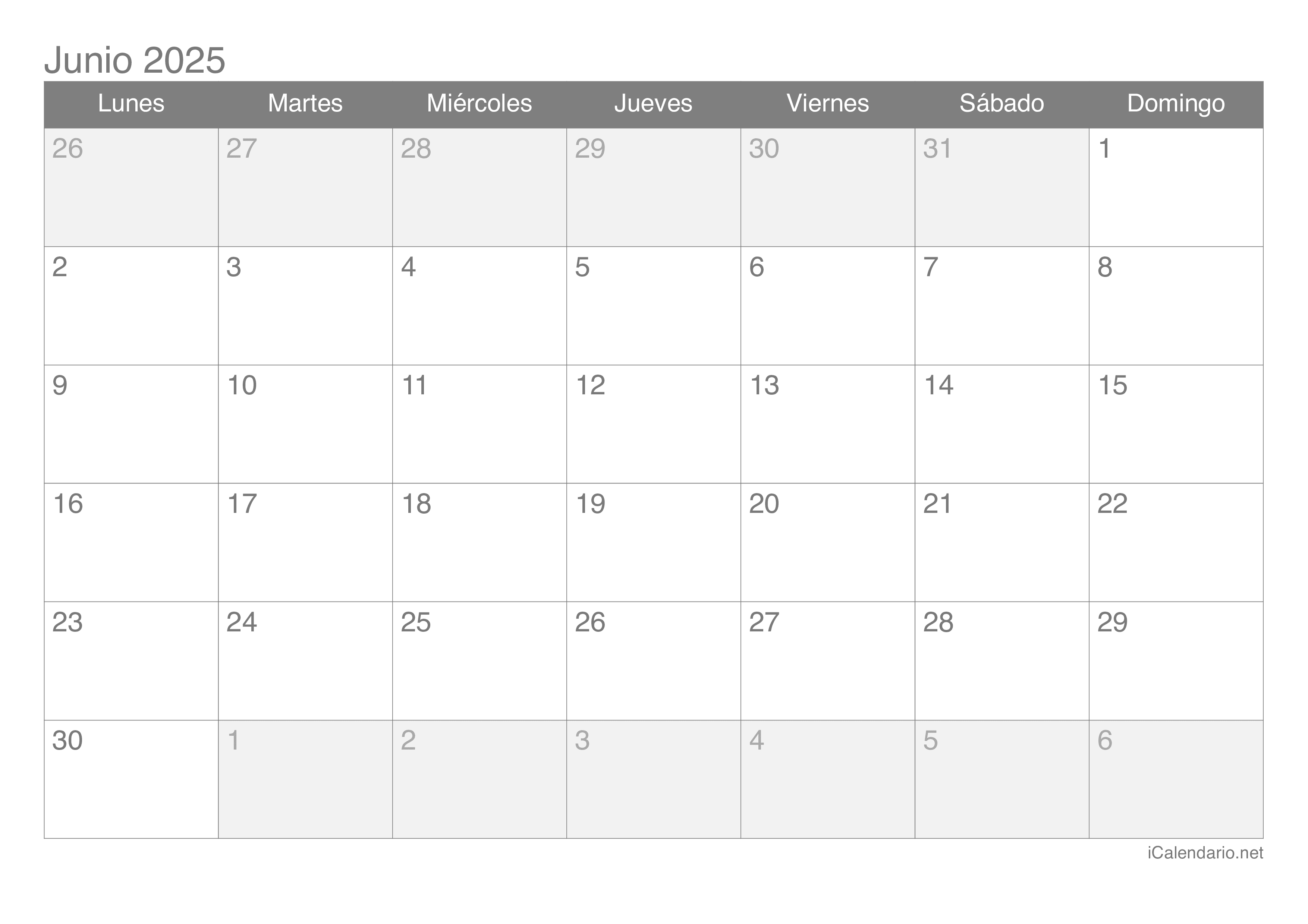 Calendario junio 2025 para imprimir