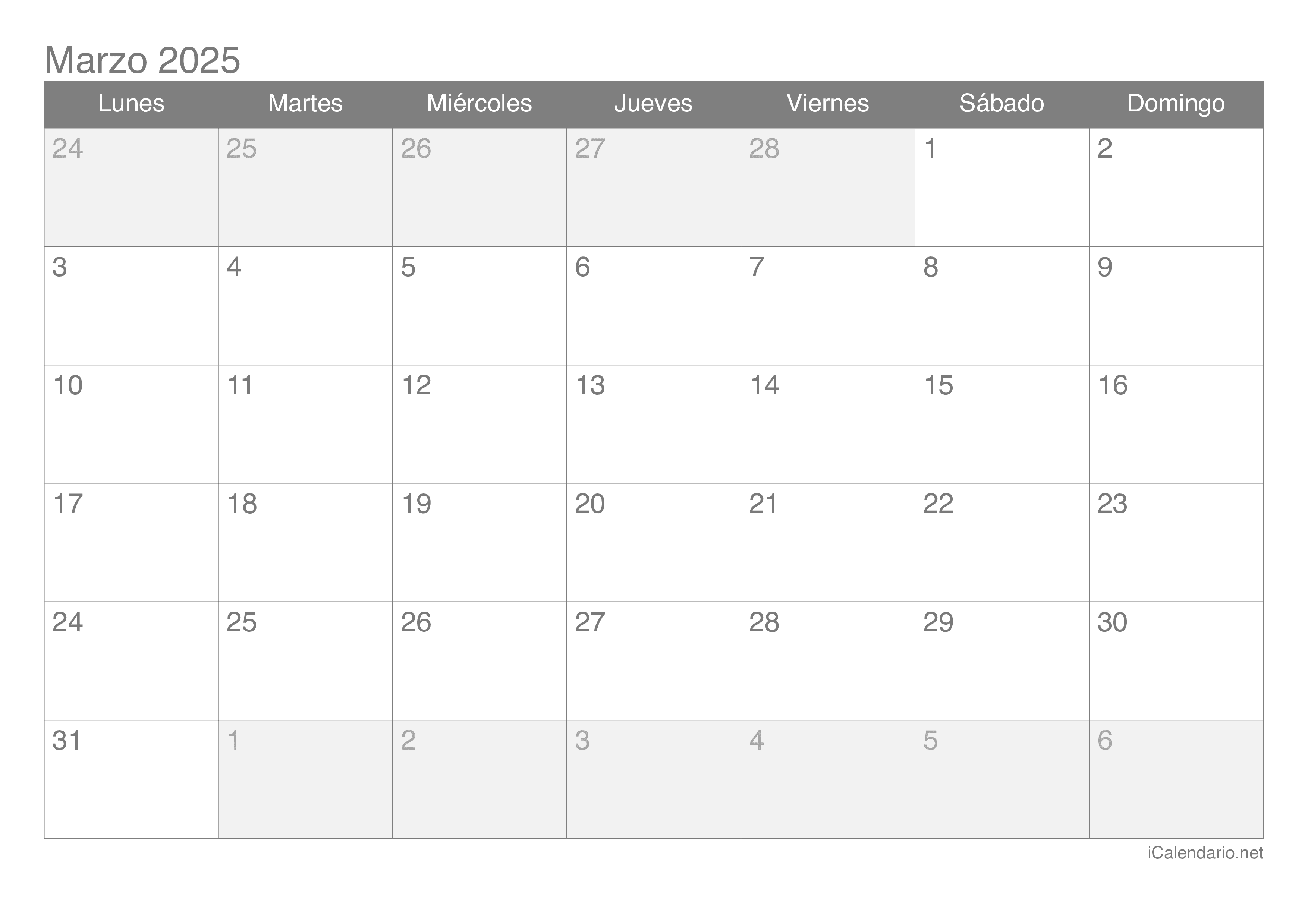 Calendario marzo 2025 para imprimir