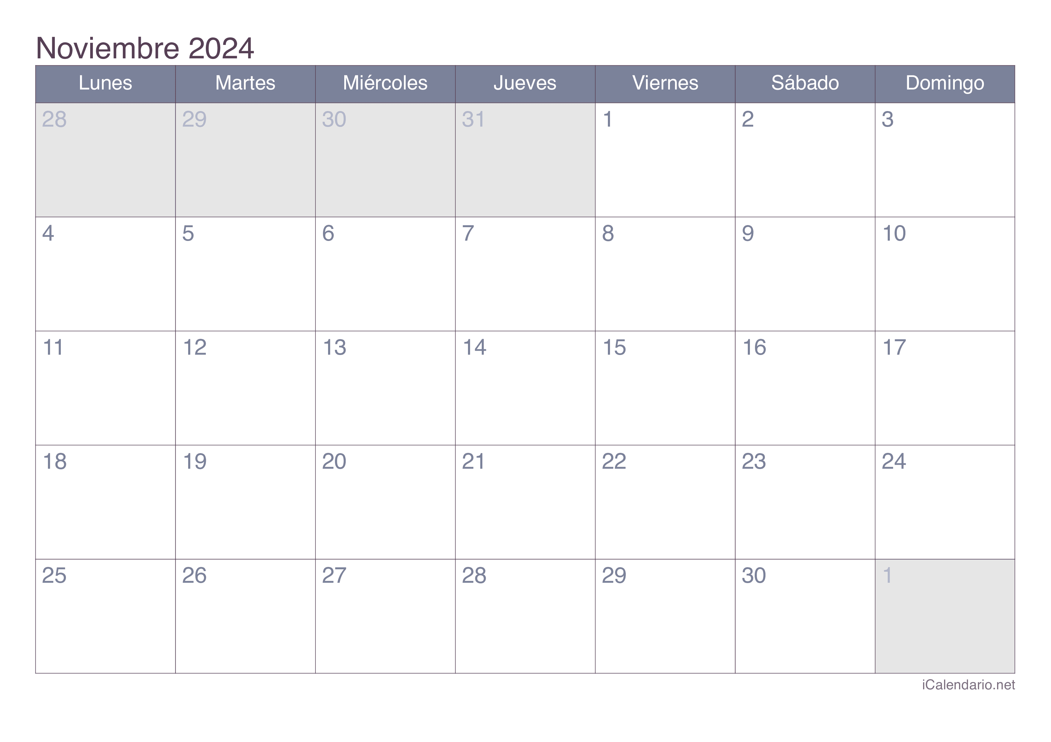 Calendario Noviembre 2024 Para Imprimir - ICalendario.net