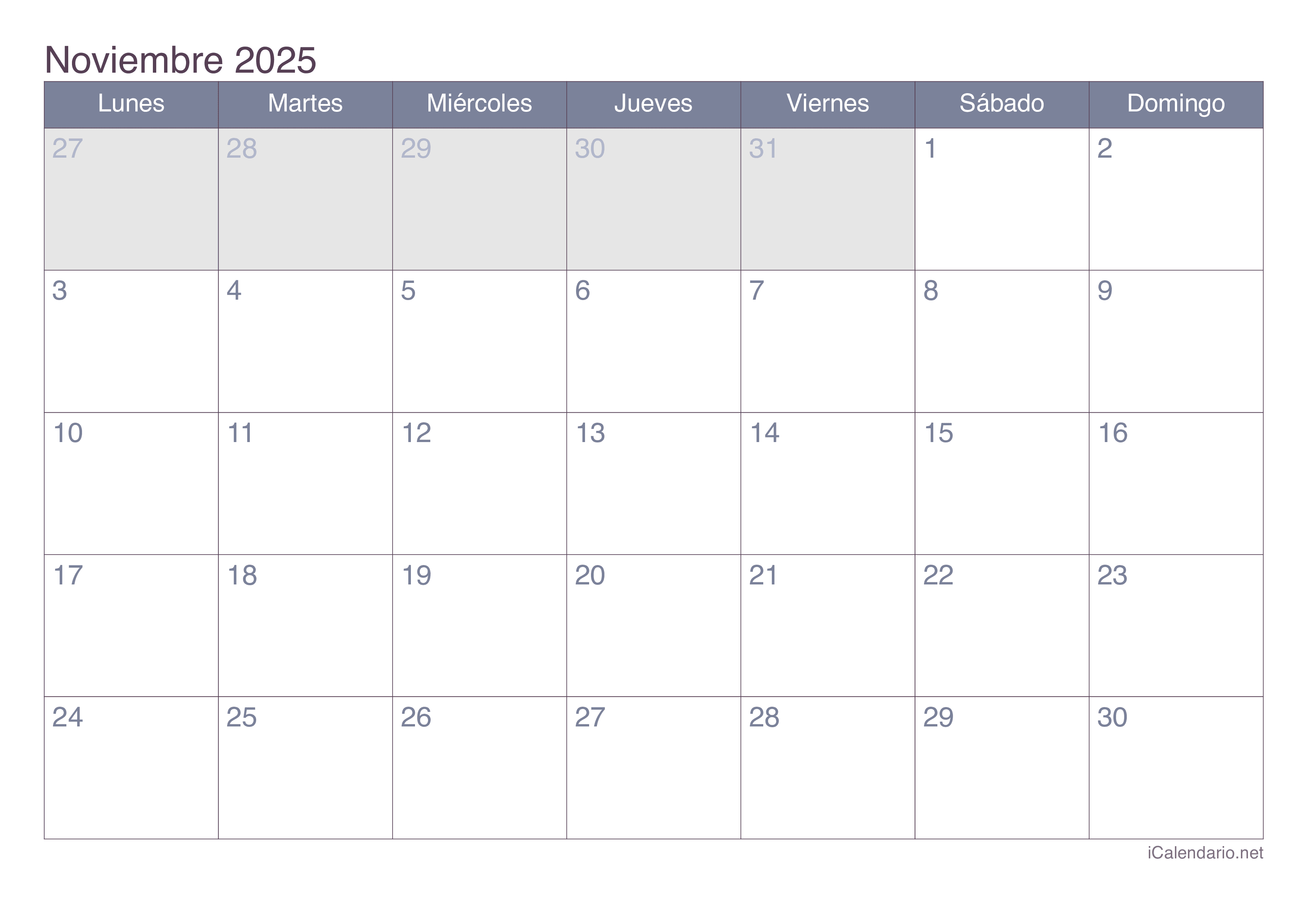 Calendario noviembre 2025 para imprimir