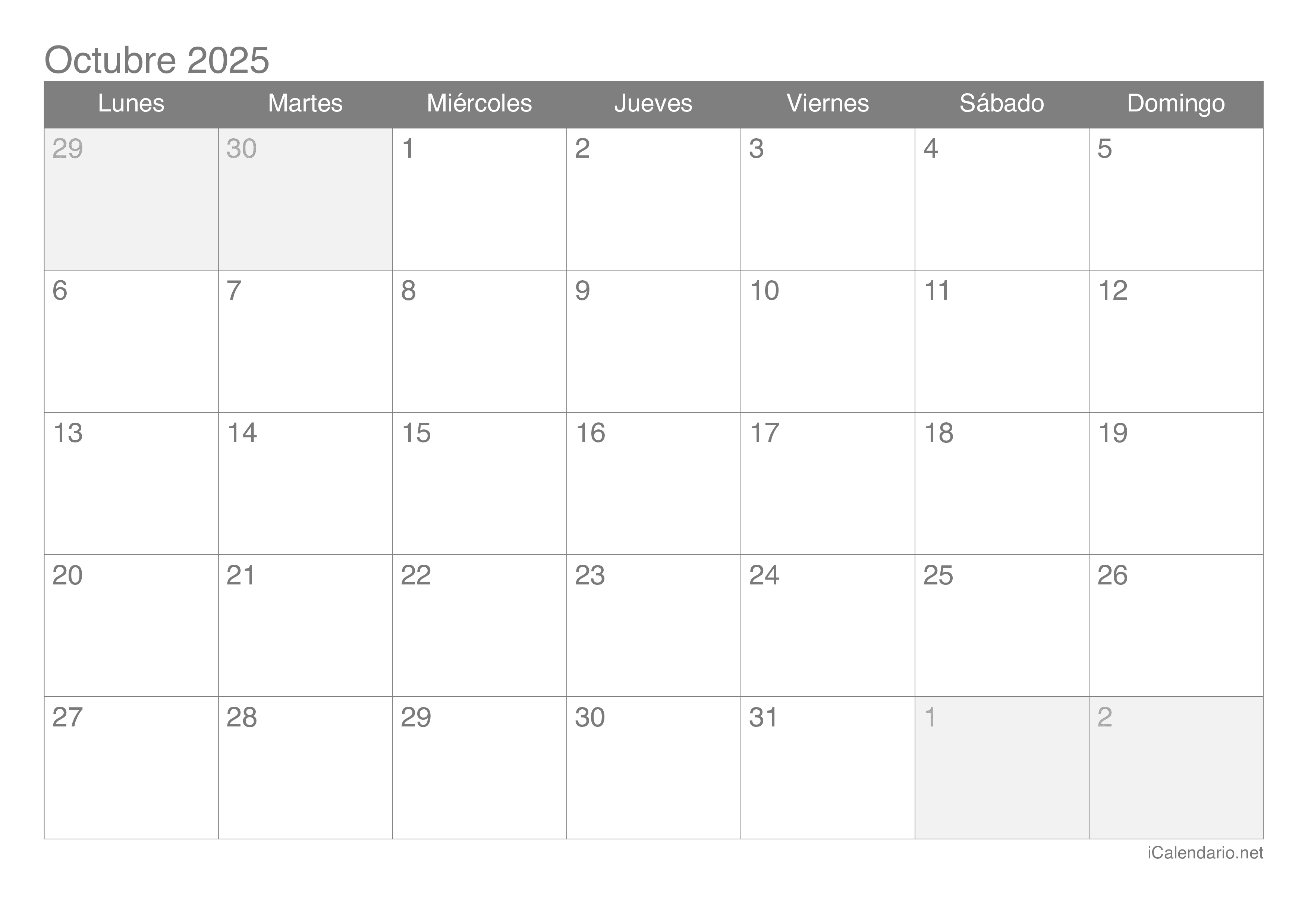 Calendario octubre 2025 para imprimir