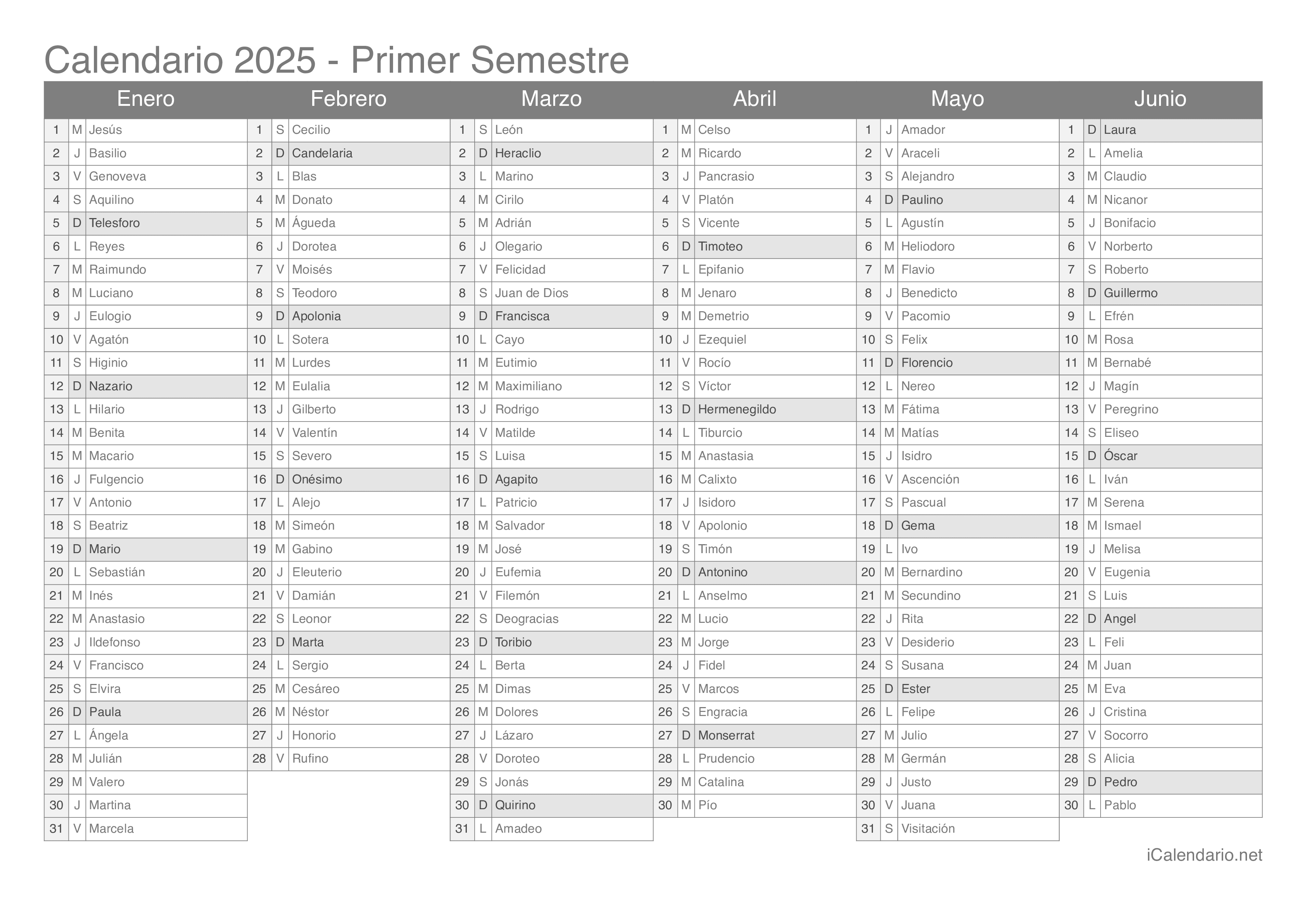 Calendario 2025 para imprimir