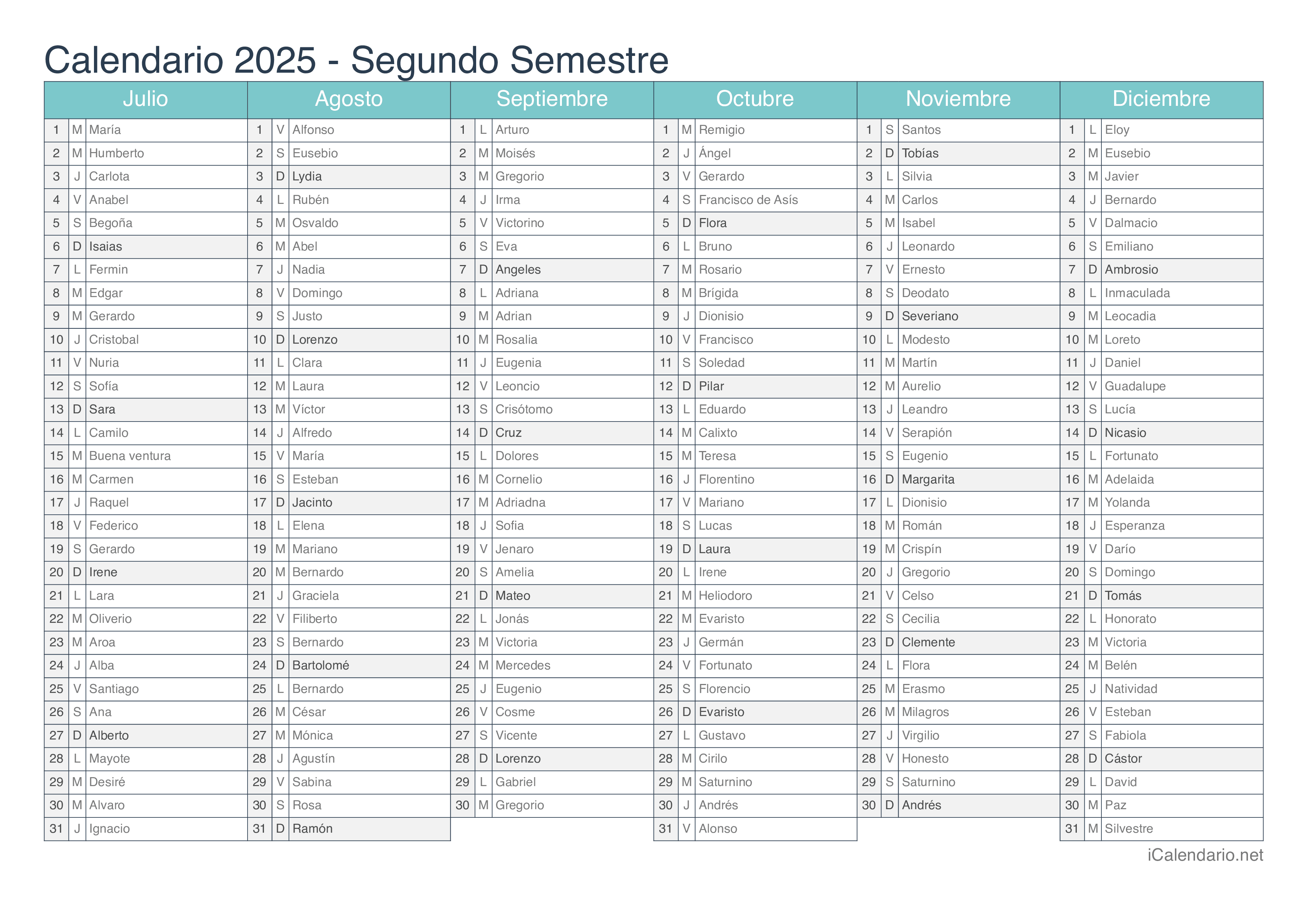 Calendario 2025 para imprimir