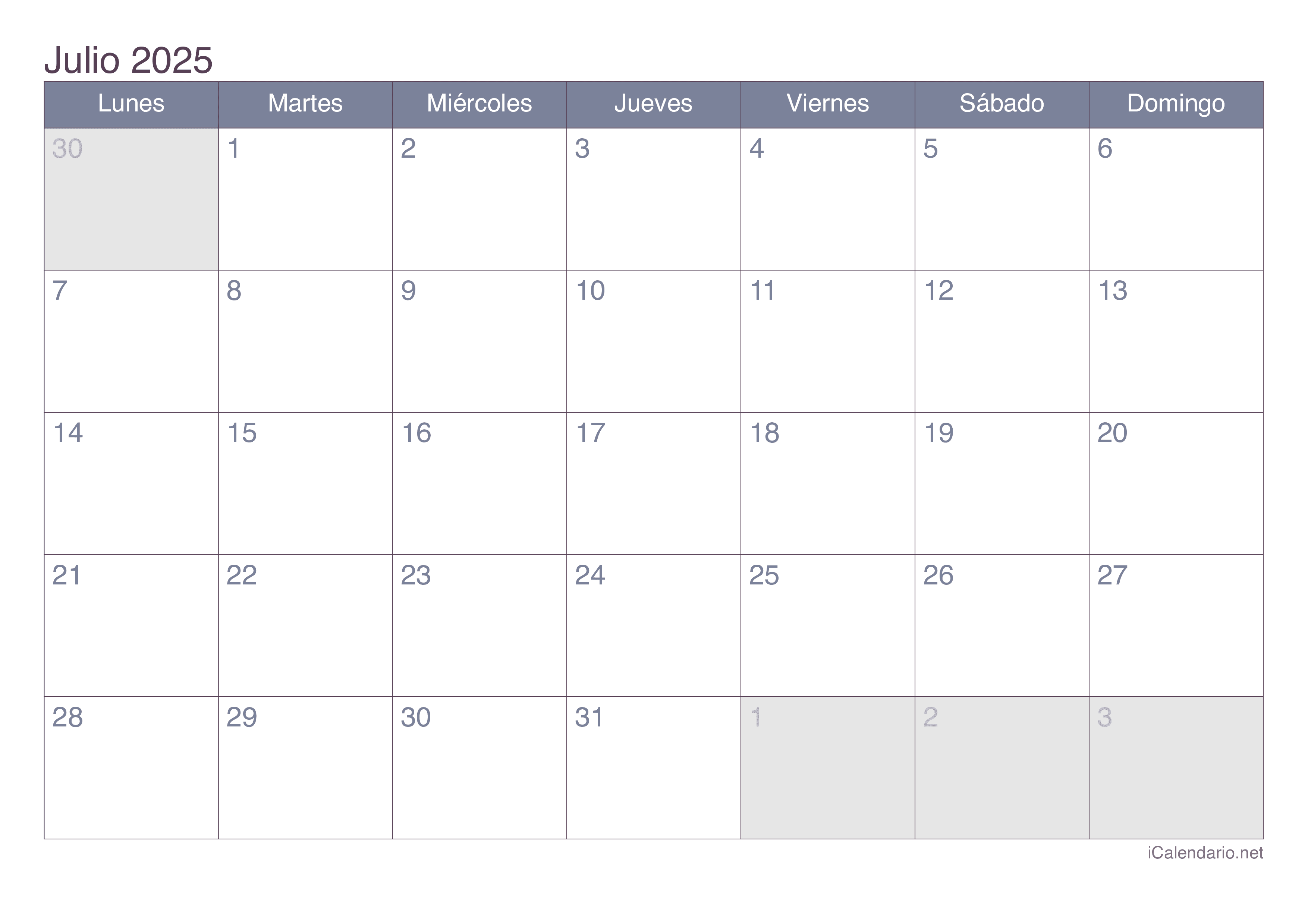 Calendario julio 2025 para imprimir